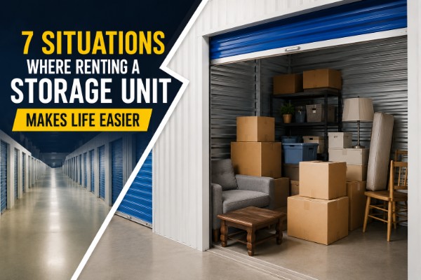 Storage unit rental facility with organized boxes and furniture for flexible personal storage