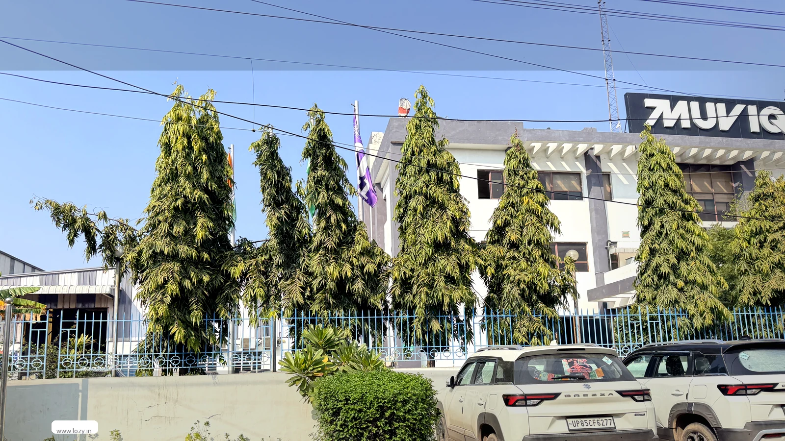 Lozy shared fulfilment bay at Dwarka, Delhi - blue-painted walls, a white-painted ceiling with fans and tube lights, and white lane markings painted across the tiled floor with textile stock stacked against the wall