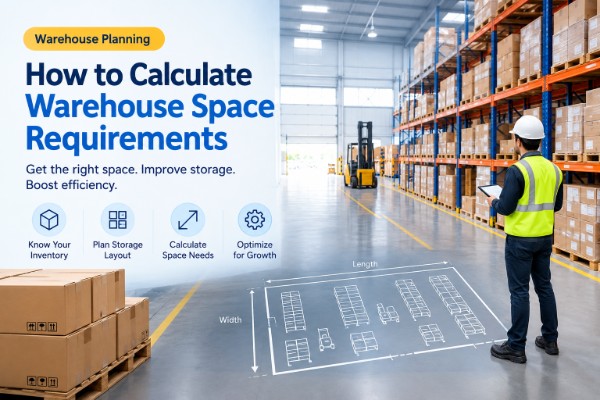 Warehouse space calculation with storage racks, pallets, inventory boxes, and a floor plan showing warehouse length and width.