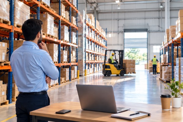Modern warehouse storage facility with pallet racks, organized inventory, and forklift operations for business storage.
