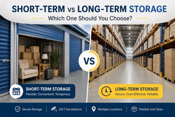 Short-term vs long-term storage comparison showing household storage units and a secure warehouse facility.
