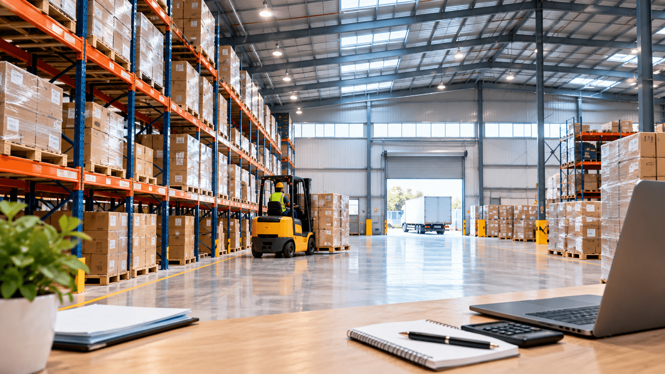Modern warehouse storage facility in India with racking, pallets, forklift, and organized inventory space