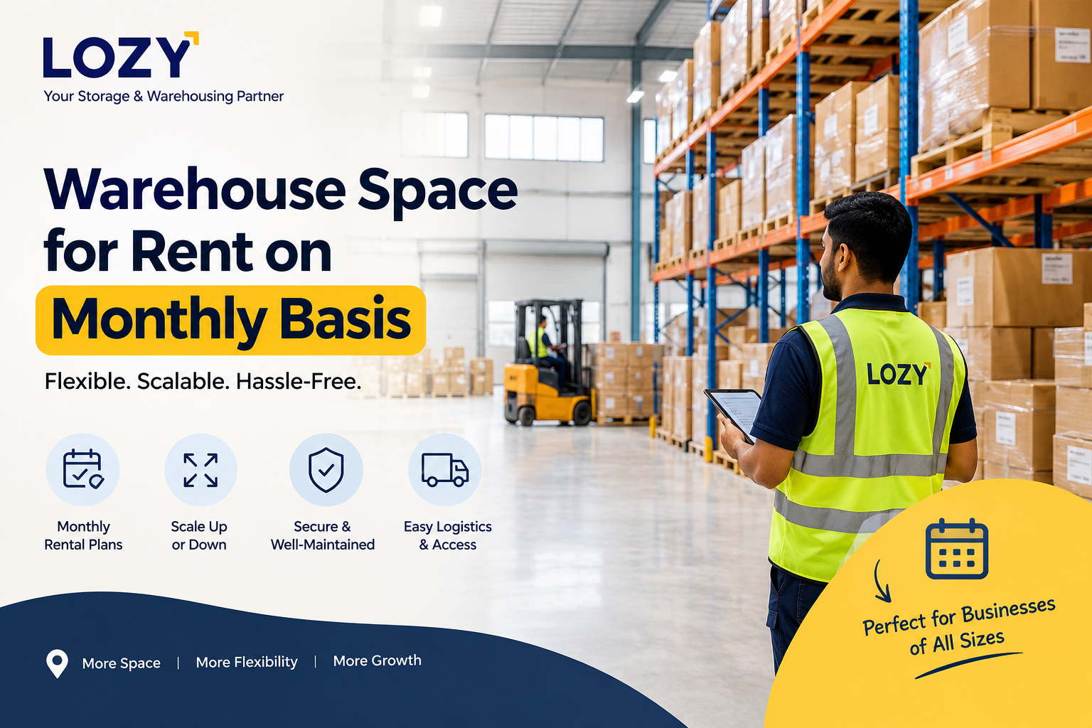 Warehouse space for rent on a monthly basis with flexible storage, secure facilities, and scalable business warehousing solutions by Lozy.