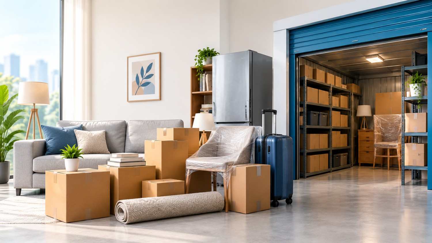 Storage unit size guide for 1BHK to 5BHK homes with furniture, appliances and moving boxes