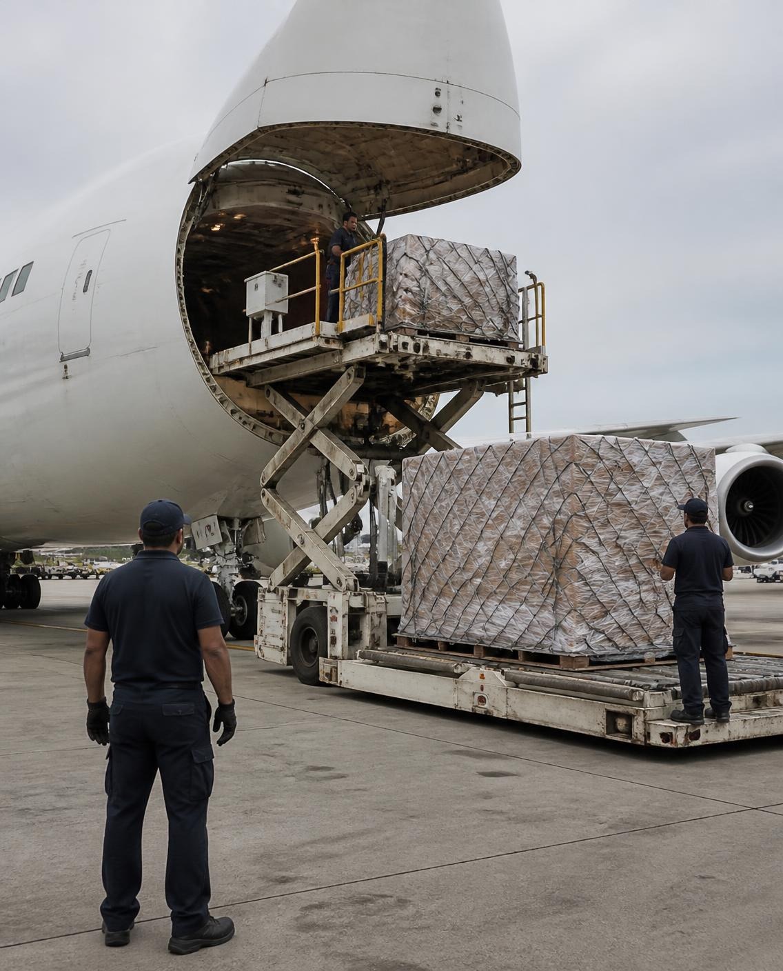 Cargo aircraft being loaded with pallets on the tarmac