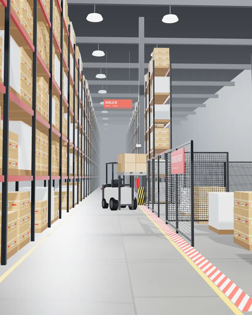 Inside a customs bonded warehouse in Delhi NCR: racked pallets, a forklift and a secured, customs-controlled bonded area