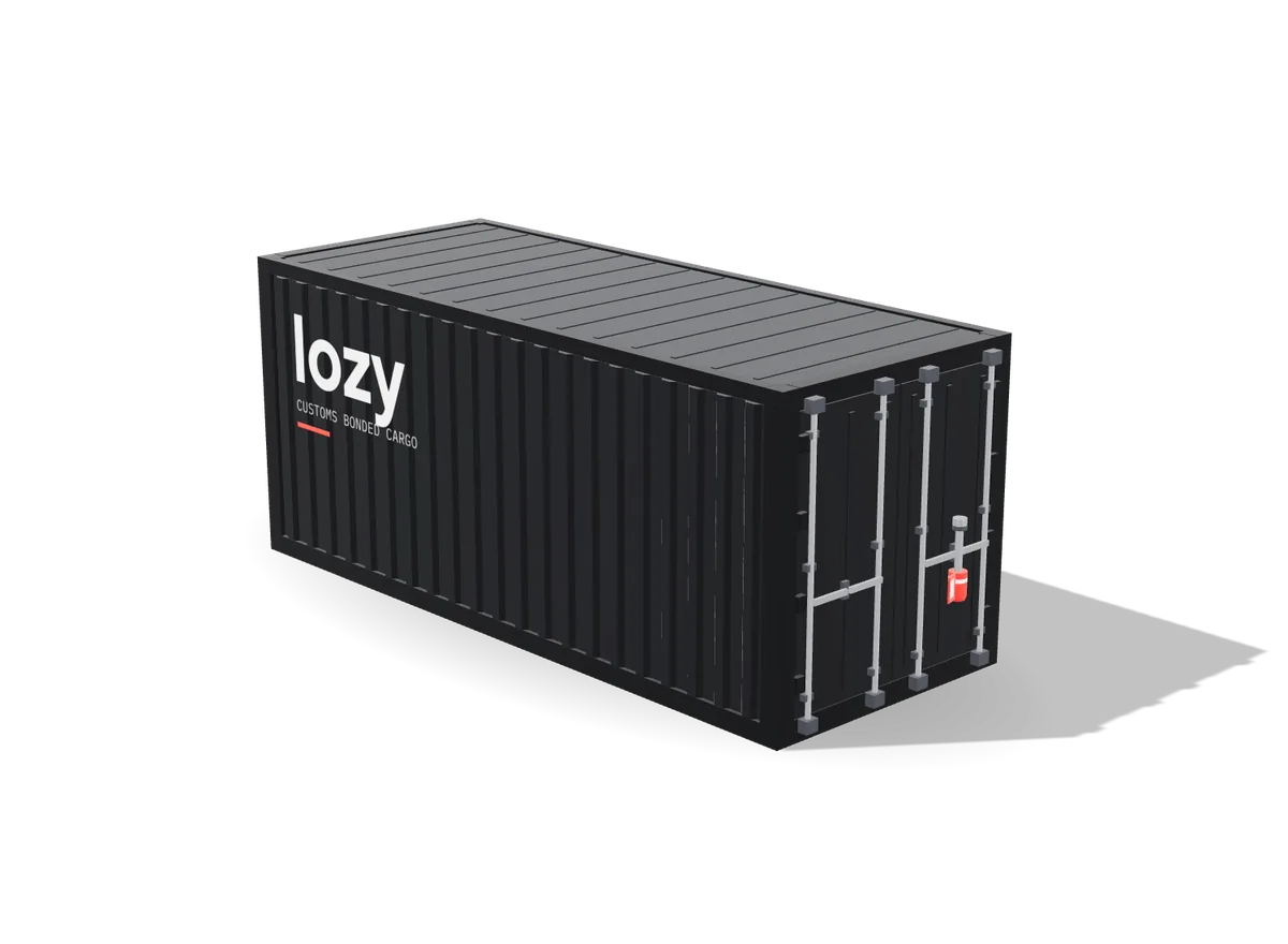 Black 20-foot shipping container with a red customs bolt seal on its door