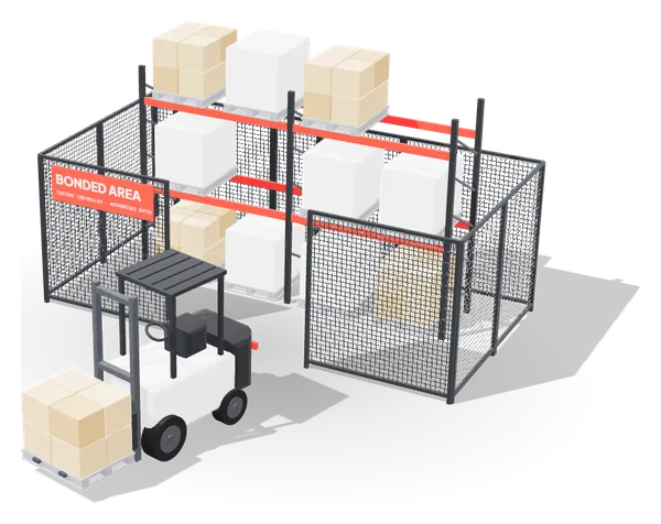 Forklift moving pallets into the bonded warehouse area