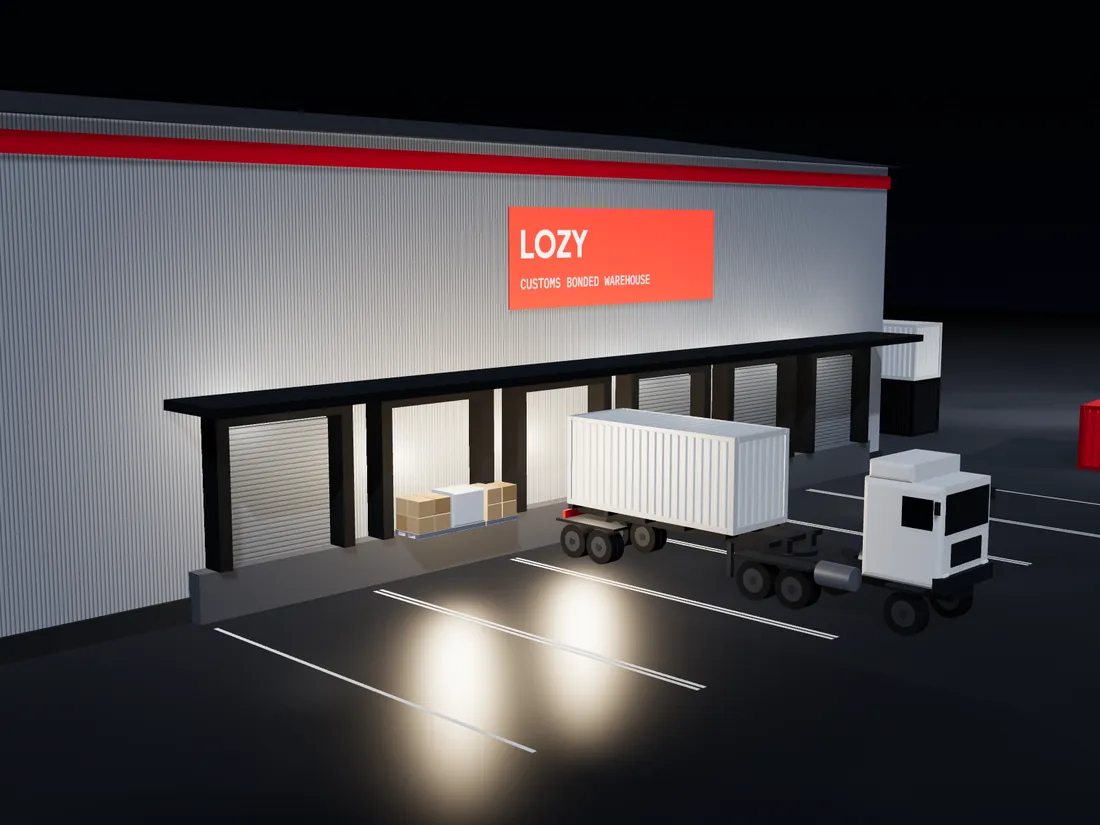 Lozy customs bonded warehouse at night, with a container truck at a lit loading dock